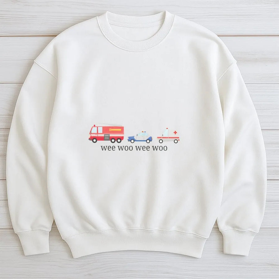 Wee Woo Sweatshirt | Cute Emergency Vehicle Graphic Sweatshirt | Premium Cotton Blend | Gift for EMT Firefighter Police