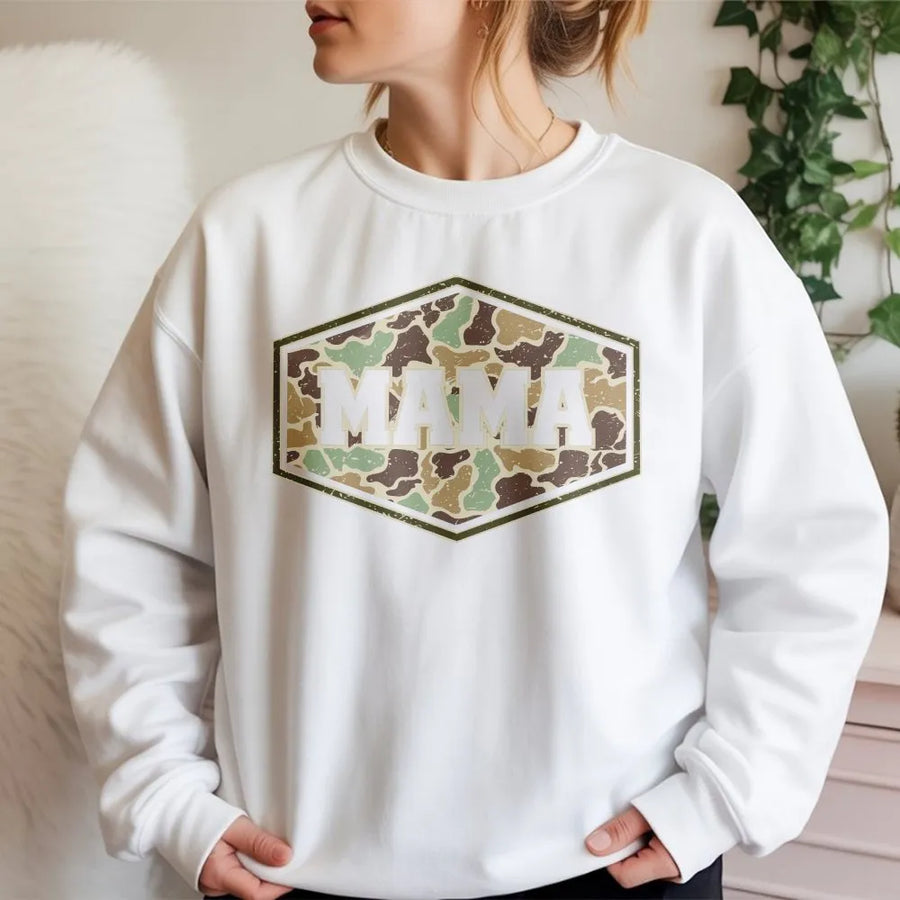 Mama Camo Sweatshirt | Retro Duck Camo Varsity Design | Cotton-Poly Blend Premium Comfort | Hunting Mom Gift Idea
