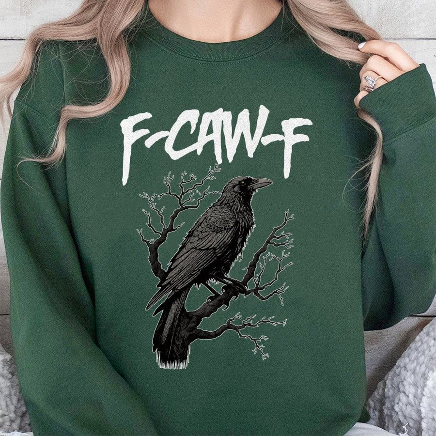 Crow Sweatshirt F-Caw-F | Gothic Raven Graphic Print | Soft Cotton-Polyester Unisex Crewneck | Funny Bird Lover Gift for Men and Women