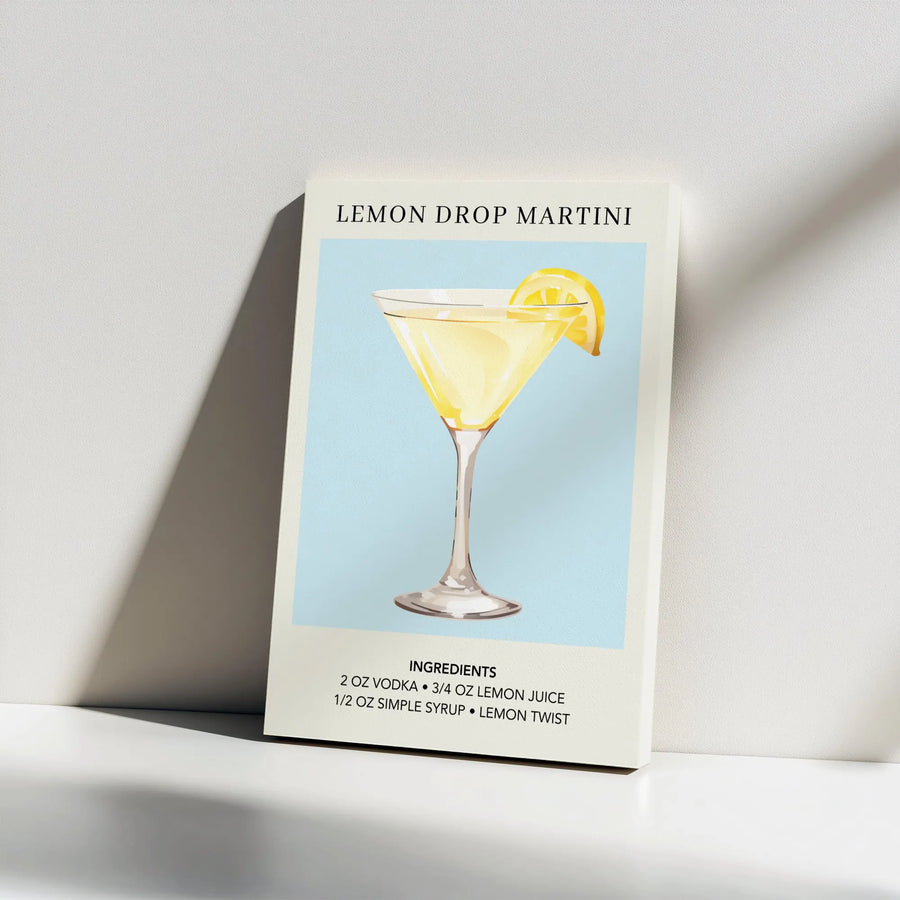 Lemon Drop Martini Canvas Print | Minimalist Cocktail Recipe Wall Art | Premium Gallery Wrap Decor | Bar Cart Aesthetic Gift for Mixology Lovers