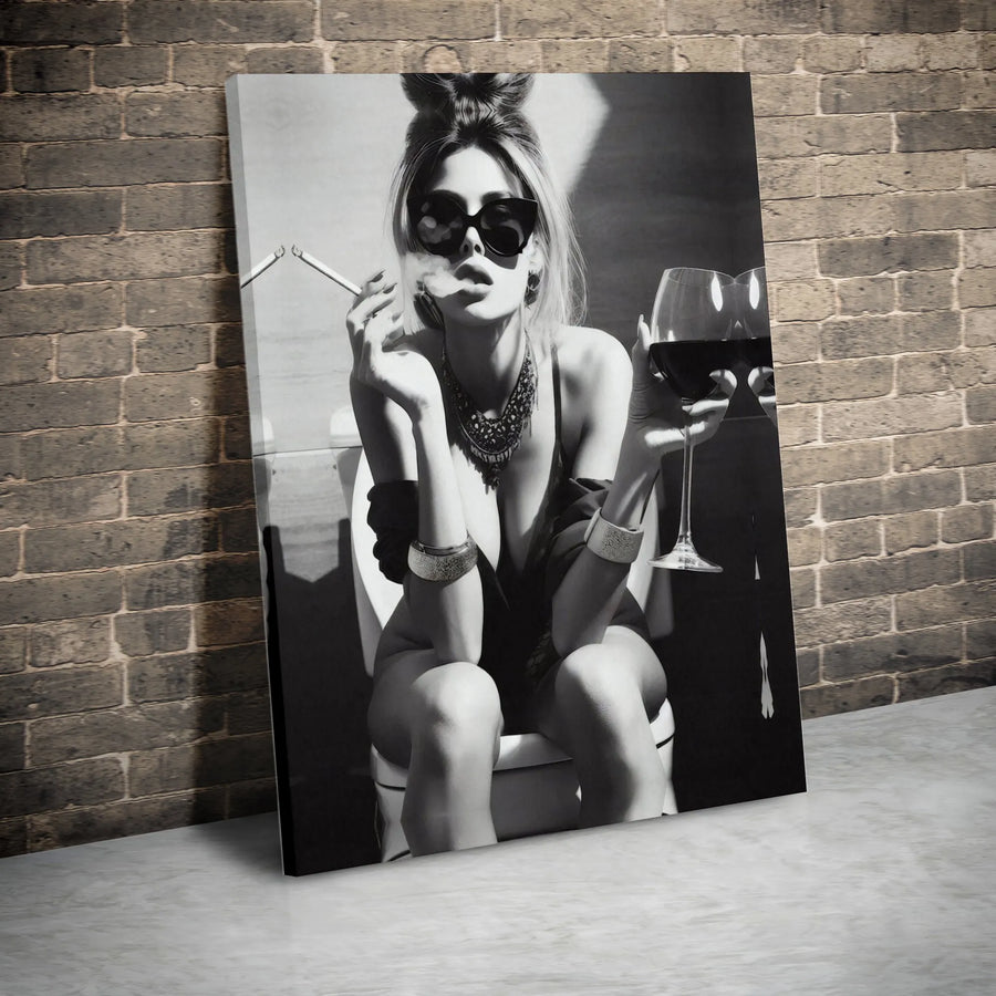 Black and White Woman Smoking Wall Art | Edgy Bathroom Decor Portrait | Premium 1.25-Inch Thick Gallery Canvas | Bold Modern Home Decor Gift