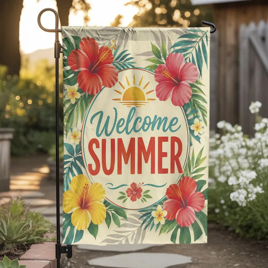 Welcome Summer Garden Flag | Tropical Hibiscus Floral & Palm Leaves Retro Design | Double Sided Premium Weatherproof Polyester | Vibrant Seasonal Yard Art Outdoor Decor Gift