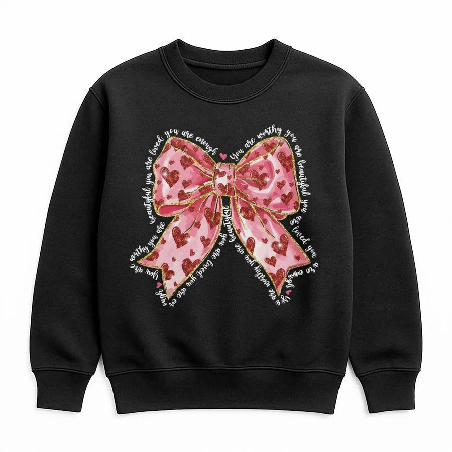 Valentine Bow Sweatshirt | Coquette Aesthetic Heart Glitter Design | Premium Cotton Blend | Gift For Her Women Teens