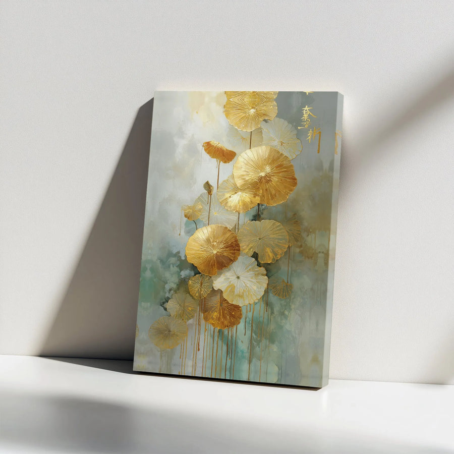 Golden Lotus Leaf Canvas Print | Abstract Teal and Gold Wall Art with Asian Kanji Script | Premium Gallery Wrapped Canvas | Modern Zen Home Decor Gift