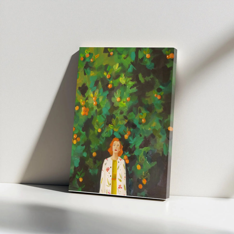 Woman in Orange Grove Canvas Print | Vibrant Impressionist Portrait Painting | Premium Fade-Resistant Print | Modern Botanical Home Decor Gift