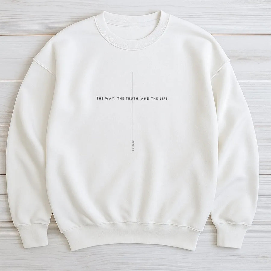 John 14:6 Christian Sweatshirt | The Way The Truth The Life Minimalist Cross | Premium Soft Fleece | Unisex Faith Based Apparel Gift