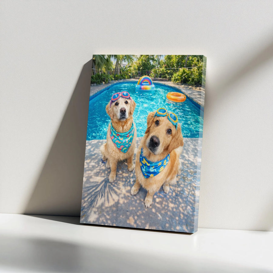 Funny Golden Retriever Canvas Wall Art | Summer Pool Party Dogs Photo | Premium Gallery Wrapped Canvas | Unique Gift for Dog Lovers