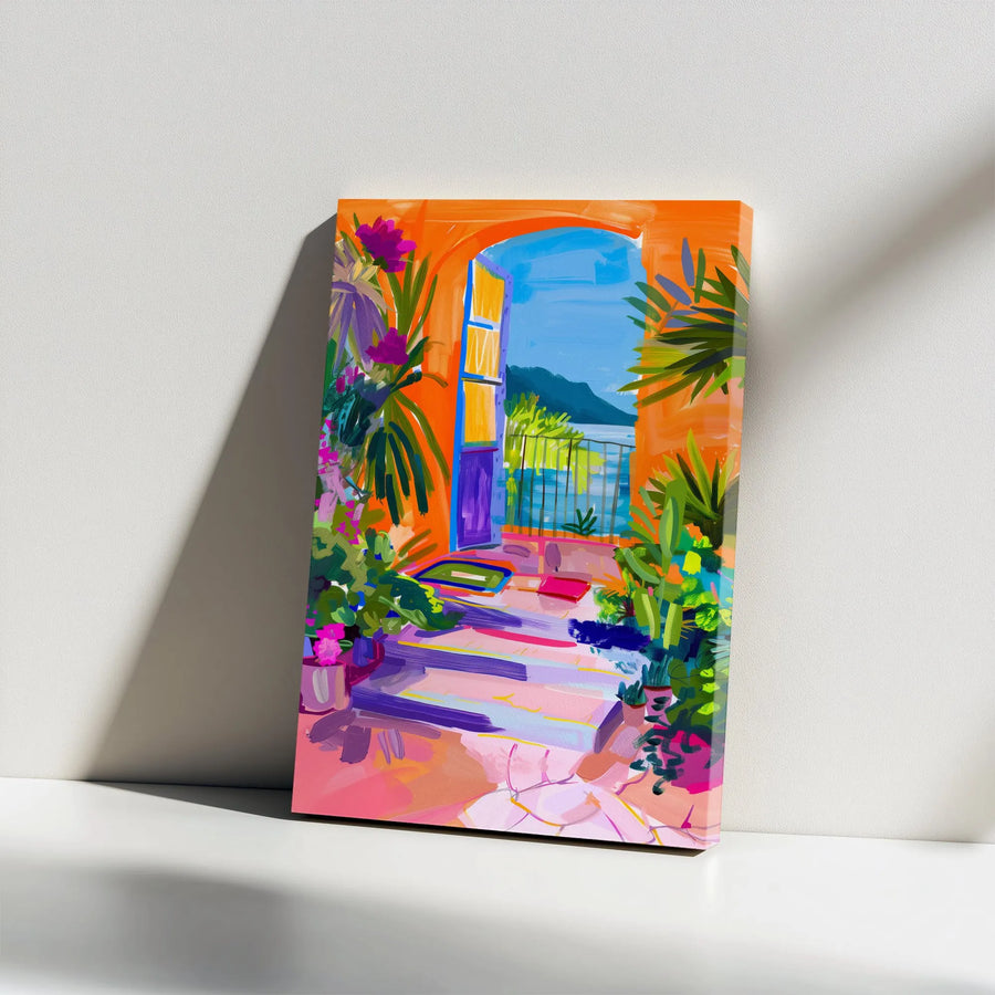 Abstract Coastal View Vertical Canvas | Vibrant Mediterranean Balcony Painting Print | Premium Gallery-Wrapped Wall Art | Modern Home Decor Gift