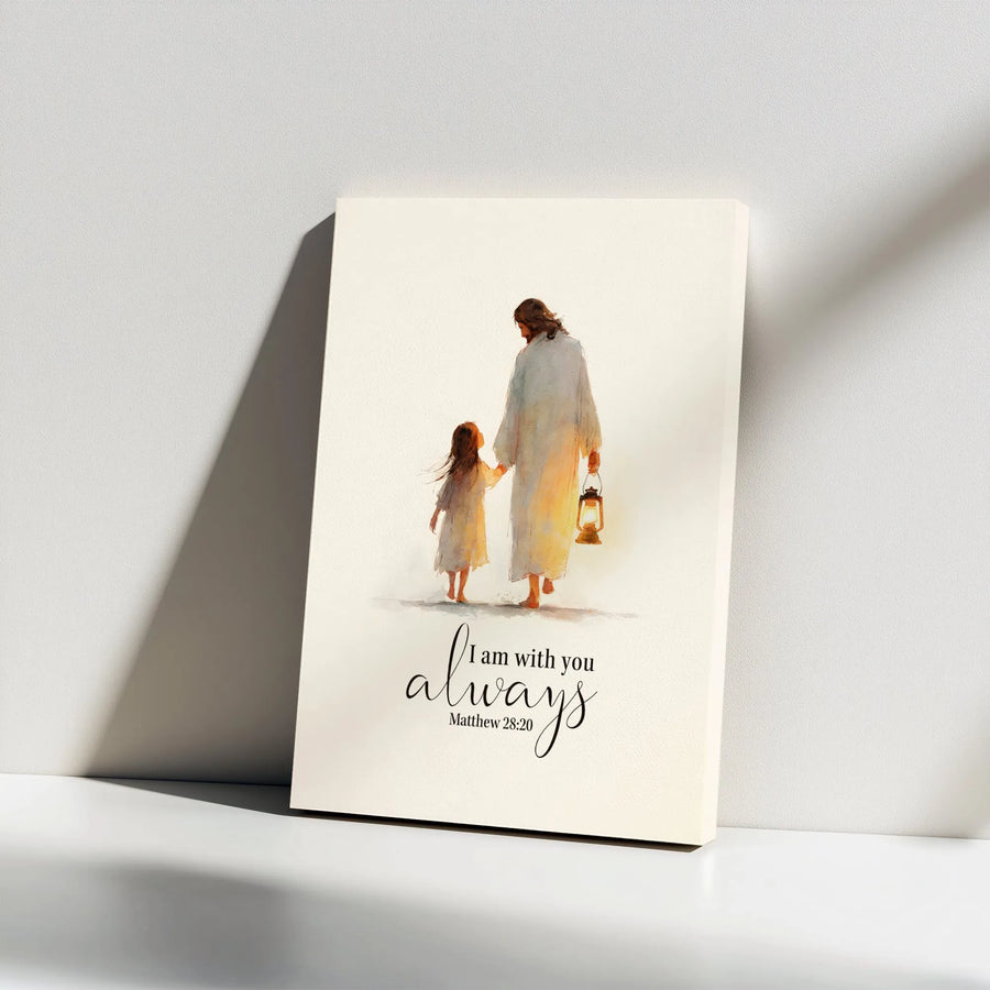 Jesus and Child Canvas Print | I Am With You Always Matthew 28:20 | Premium Watercolor Style Wall Art | Christian Home Decor Gift