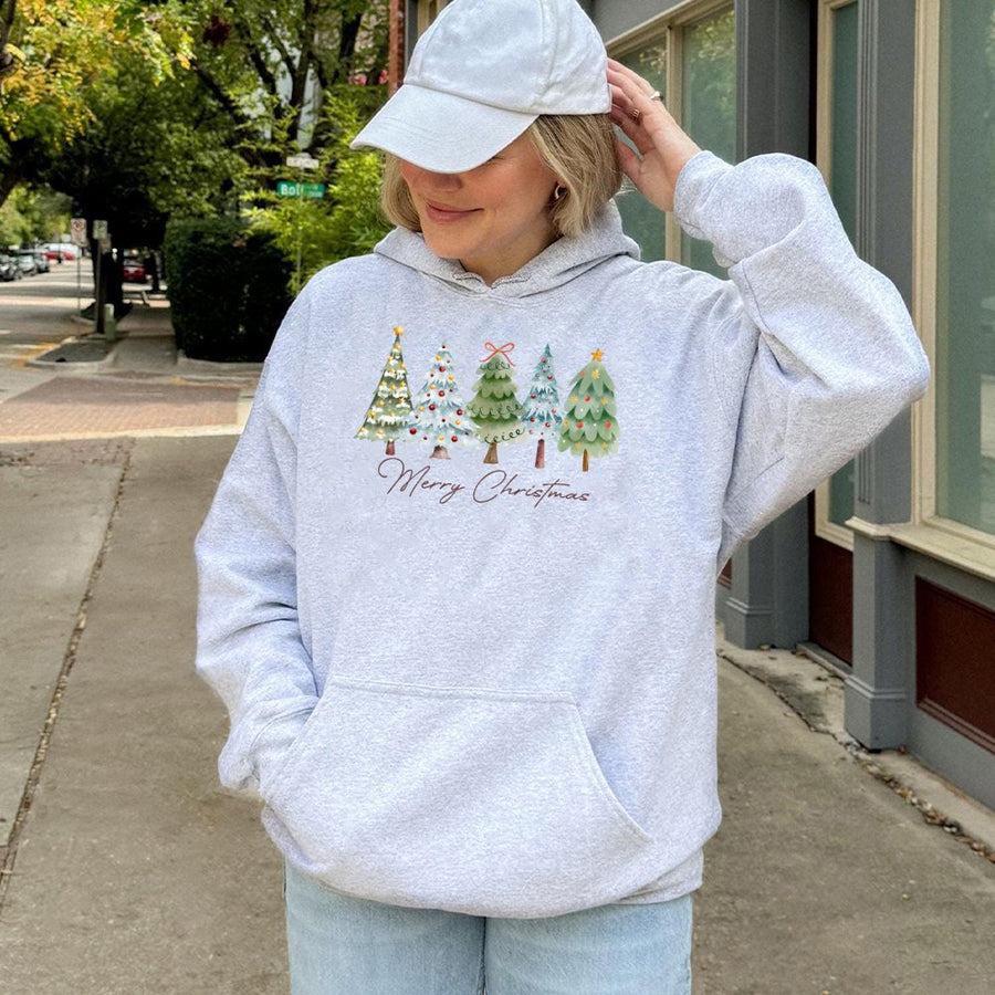 Merry Christmas Tree Hoodie | Watercolor Festive Graphic Design | Premium Cotton-Blend Fleece | Cozy Holiday Gift for Women and Men