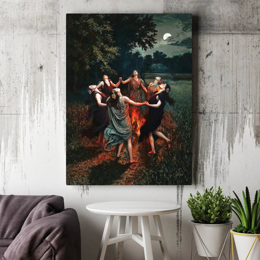Witch Coven Canvas Print | Women Dancing Around Bonfire Under Full Moon | Premium Gallery Wrapped Canvas | Witchy Home Decor Gift