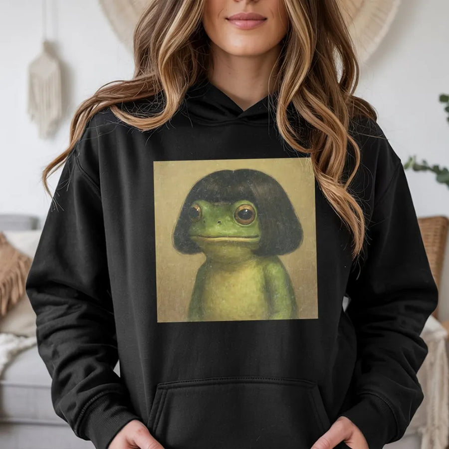 Frog With A Wig Hoodie | Funny Meme Aesthetic Pullover | Soft Cotton Blend Premium Sweatshirt | Unique Gift For Frog Lovers And Internet Humor Fans