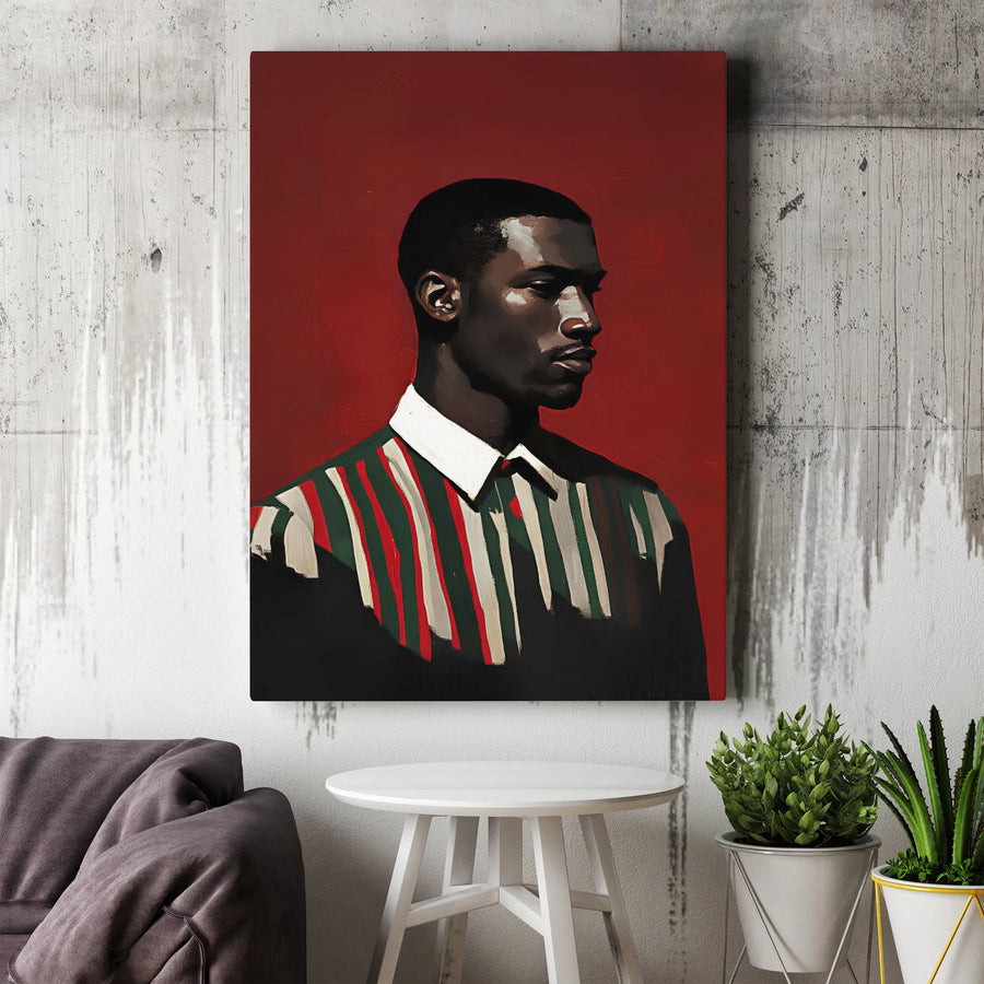 Modern Black Man Portrait Canvas Wall Art | Red Background Oil Painting Style | Premium Gallery Wrap Print | Sophisticated Home Decor Gift
