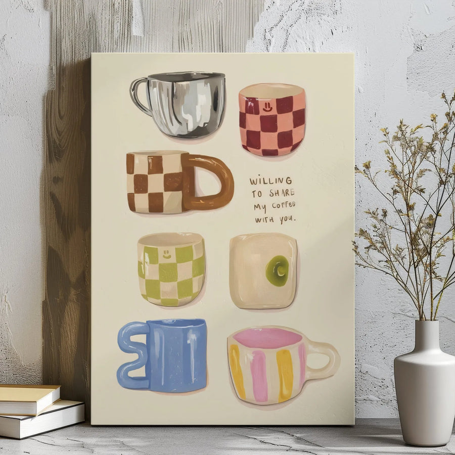 Coffee Lovers Wall Art | Aesthetic Checkered Mug Illustration | Premium Gallery Wrap Canvas | Cute Kitchen & Cafe Decor Gift