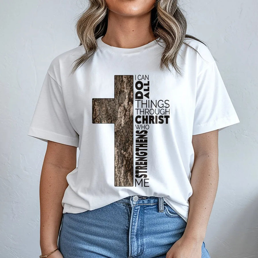 I Can Do All Things Through Christ T-Shirt | Rustic Tree Bark Cross Design | Premium Cotton Religious Apparel | Inspirational Christian Gift for Men Women