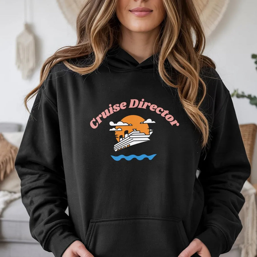 Cruise Director Hoodie | Sunset Ship Graphic Tee | Cotton-Blend Premium Apparel | Vacation Gift for Cruise Lovers