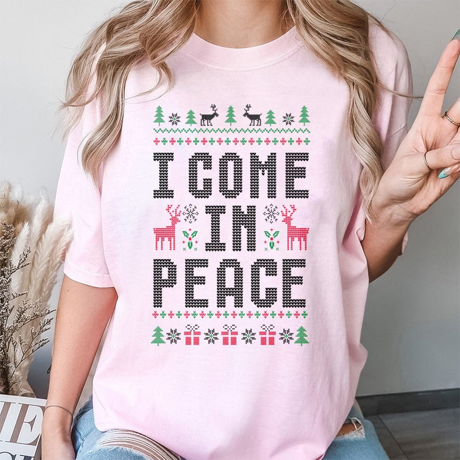 I Come In Peace T-Shirt | Funny Ugly Christmas Sweater Style Graphic | 100% Premium Cotton Tee | Holiday Party Gift For Couples And Friends