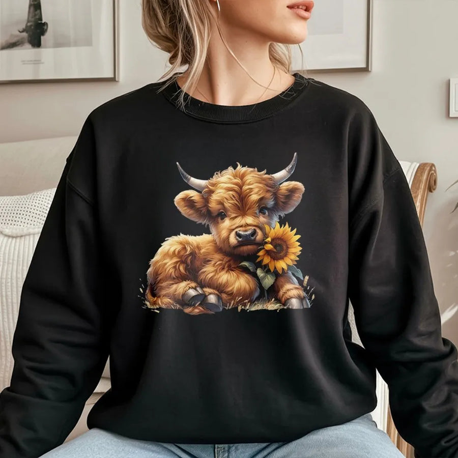 Highland Cow Sweatshirt | Cute Baby Cow Sunflower Design | Premium Cotton Blend | Farmhouse Western Aesthetic Gift for Animal Lovers