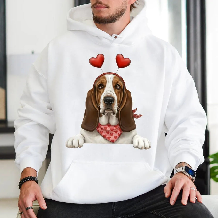 Basset Hound Valentine Hoodie | Cute Love Heart Dog Print | Premium Cotton Blend | Gift for Dog Mom and Valentine's Day Lovers