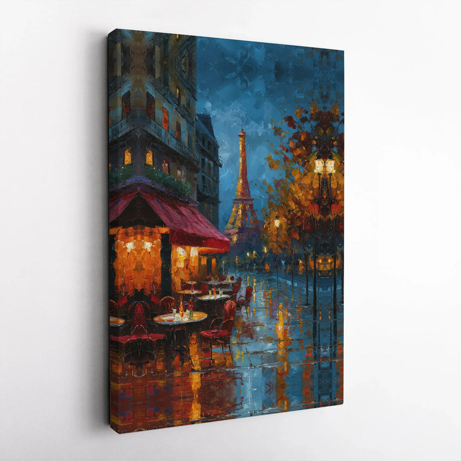 Paris Street Cafe Canvas Art | Rainy Impressionist Eiffel Tower Painting | Gallery-Quality 1.25" Thick Print | Elegant Home Office Decor Gift