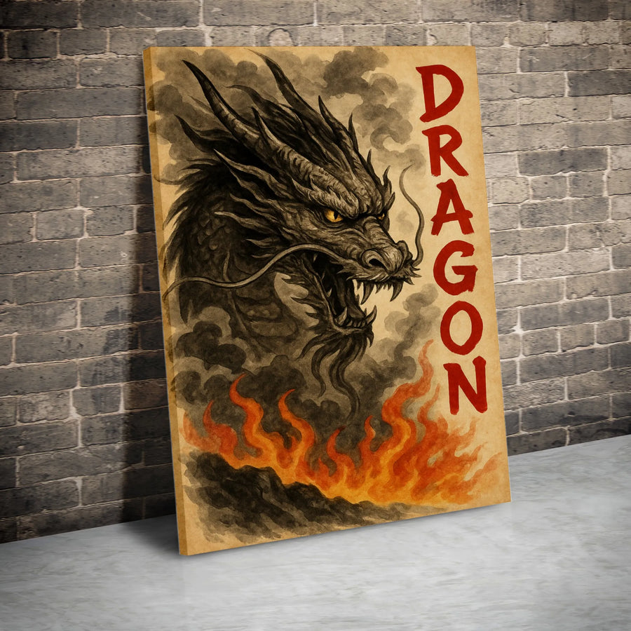 Japanese Dragon Wall Art | Sumi-E Ink Wash Style With Flames | Gallery Quality Canvas Print | Mythical Fantasy Home Decor Gift