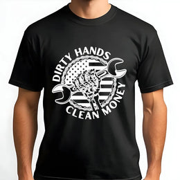 Mechanic T-Shirt | Dirty Hands Clean Money American Flag Graphic | Premium Cotton Blend | Gift for Blue Collar Worker Hard Worker