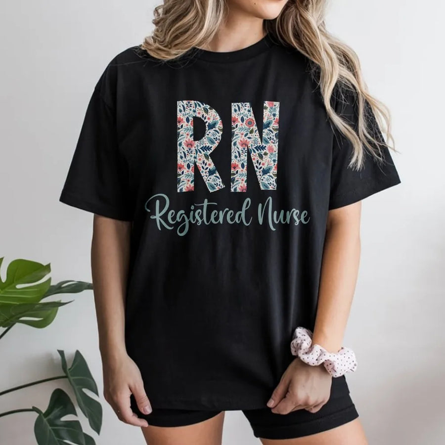 Registered Nurse T-Shirt | Floral RN Lettering Design | Soft Cotton Tee | Premium Gift for Nursing School Graduate