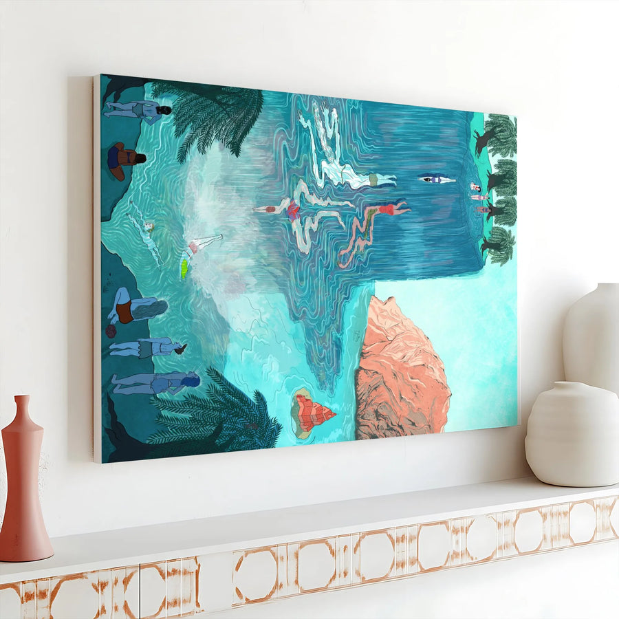Abstract Swimmers Canvas Wall Art | Modern Illustrative Water Reflection | Premium Fade-Resistant Print | Contemporary Home Decor Gift