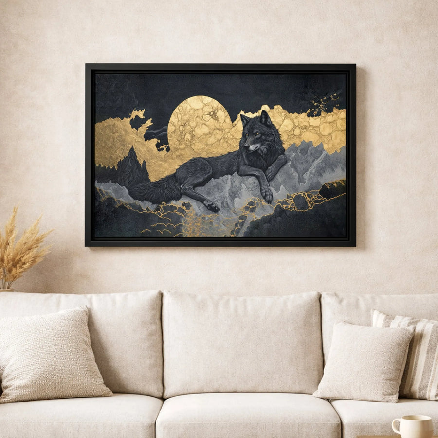 Black Wolf Wall Art | Golden Moon Mountain Landscape | Premium Gallery Wrapped Canvas | Moody Wildlife Home Decor Gift