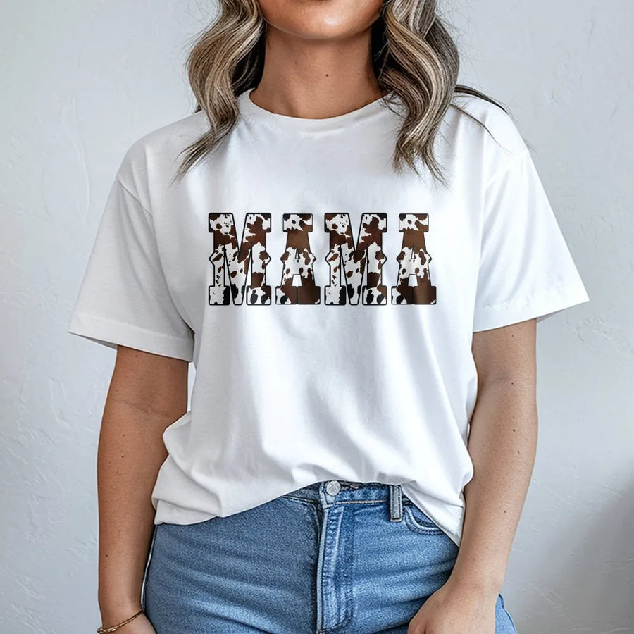 Mama Cow Print T-Shirt | Western Varsity Lettering | Premium Cotton Graphic Tee | Gift for Mom Mother's Day 2026 Western Country Style