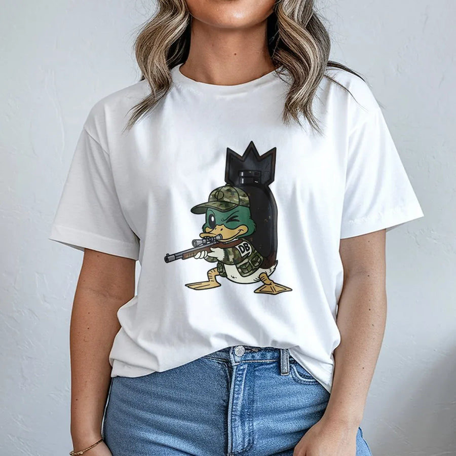 Camo Duck Hunter T-Shirt | Tactical Mallard Sniper Cartoon Graphic | Premium Cotton Fieldwear | Funny Waterfowl Hunting Gift for Outdoorsmen
