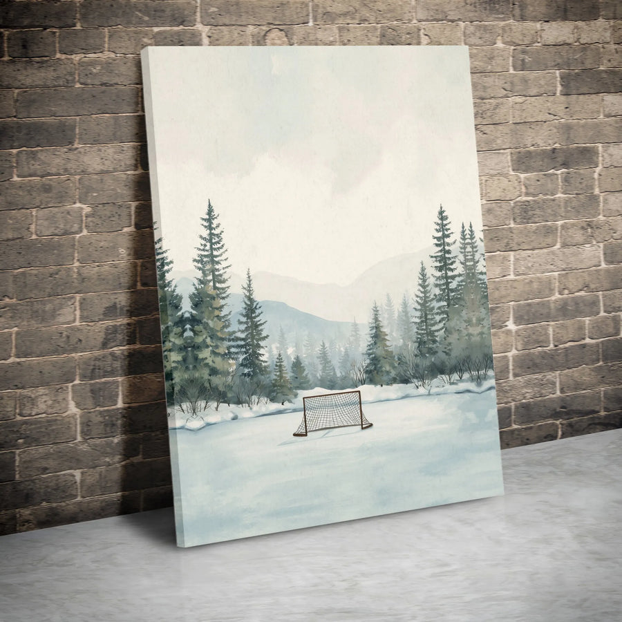 Pond Hockey Canvas Wall Art | Watercolor Winter Landscape Painting | Premium Gallery Wrap | Gift for Hockey Player & Man Cave Decor