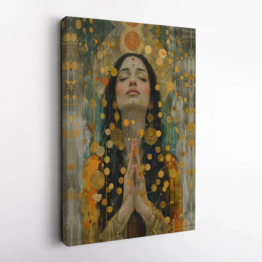 Meditating Woman Canvas Print | Ethereal Goddess Gold Coin Art | Premium Gallery Wrap Wall Decor | Spiritual Zen Gift For Home Office