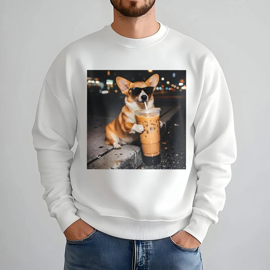 Funny Corgi Sweatshirt | Dog with Sunglasses Drinking Iced Coffee | Soft Cotton Blend | Gift for Dog Lover & Corgi Mom