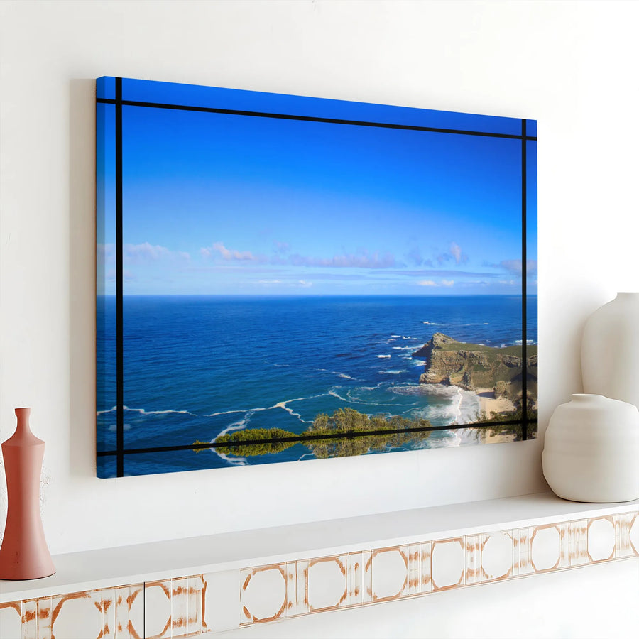 Coastal Ocean View Canvas Wall Art | Faux Window Seascape Print | Premium Gallery Wrapped Canvas | Modern Living Room Decor Gift