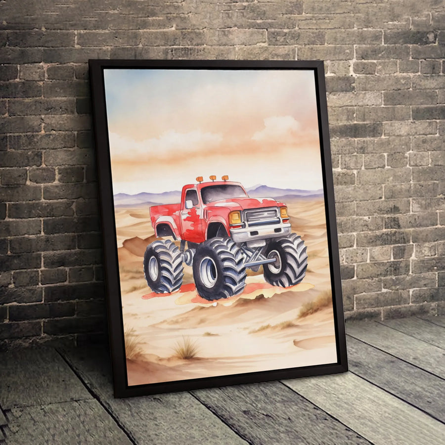Watercolor Monster Truck Canvas Art | Red Off-Road Vehicle Desert Print | 1.25" Premium Gallery Wrapped Wall Decor | Gift For Boys Bedroom