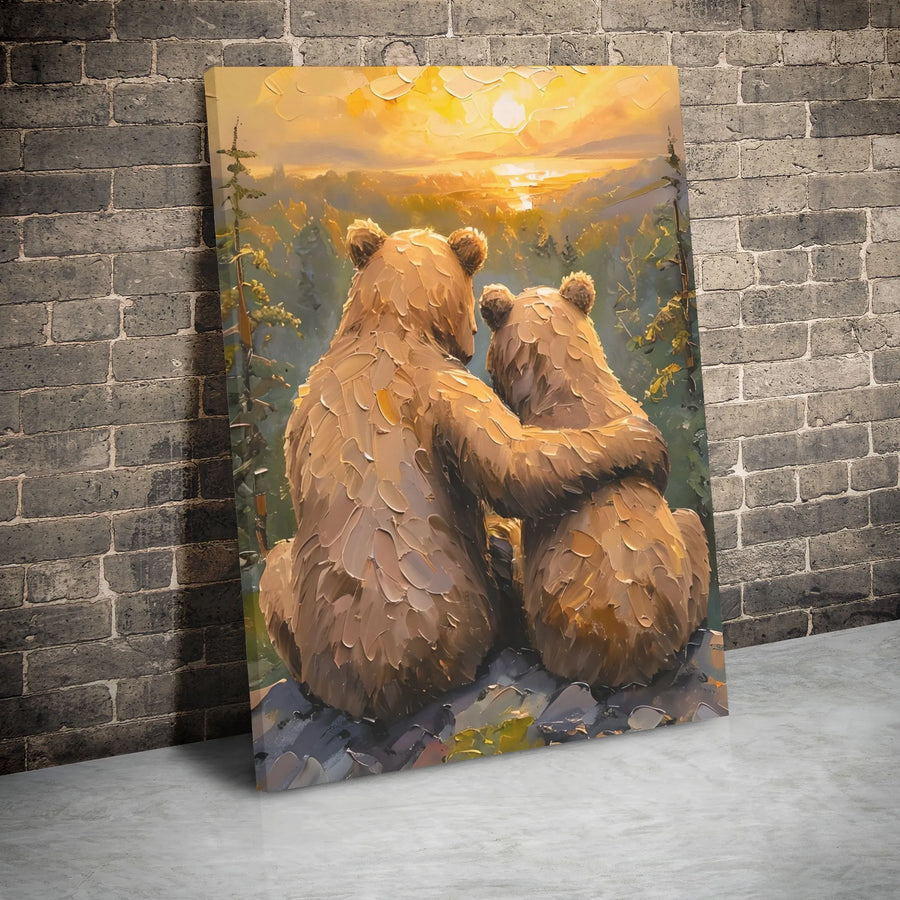 Hugging Bears Wall Art | Mother and Cub Sunset Impasto Canvas Print | Premium Gallery Wrap Decor | Wildlife Nursery Gift for Bear Lovers