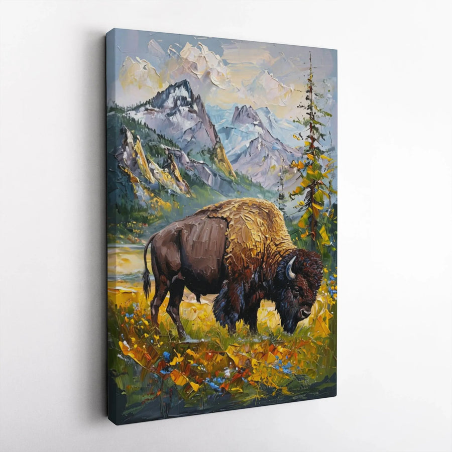 Bison Mountain Canvas Wall Art | Textured Impasto Style Wildlife Painting | Premium Gallery Wrapped Canvas | Rustic Western Home Decor Gift for Nature Lover