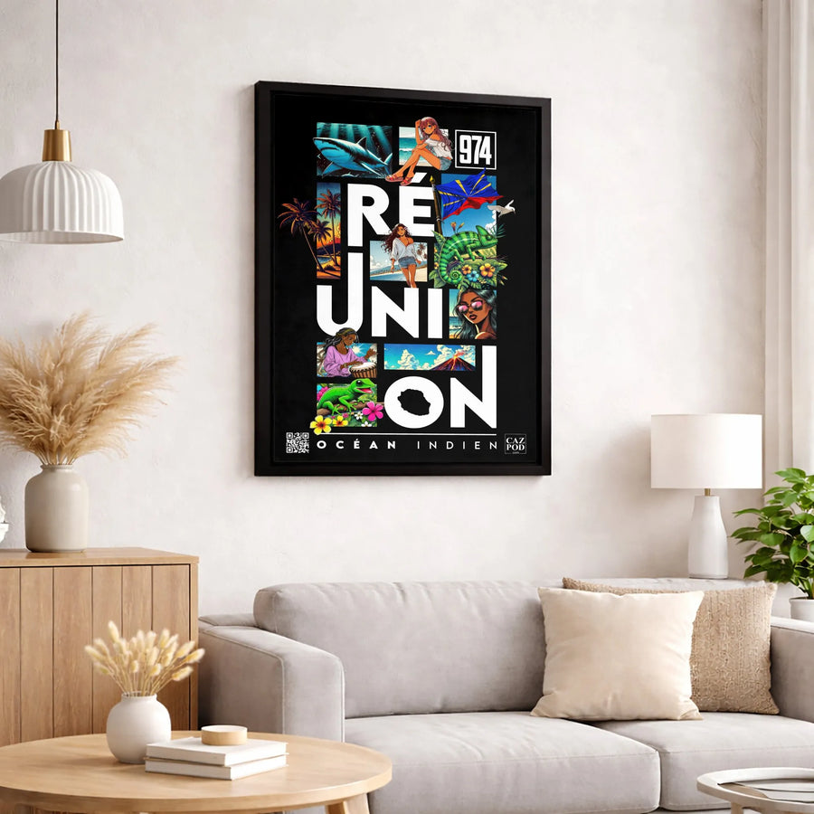 Réunion Island Wall Art | 974 Tropical Collage with Volcano and Chameleon | Premium Gallery Wrap Canvas | Travel Gift for Reunion Island Lovers