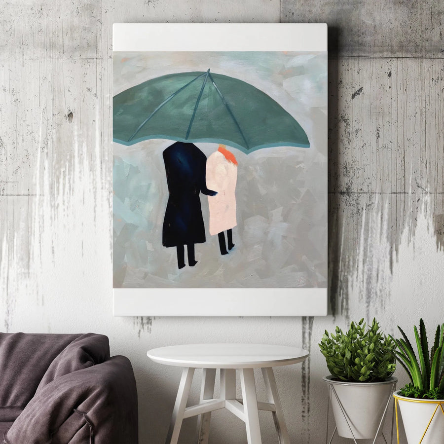 Couple Under Umbrella Vertical Canvas | Minimalist Abstract People Painting | Premium Gallery Wrapped Canvas | Modern Home Decor Gift for Anniversary