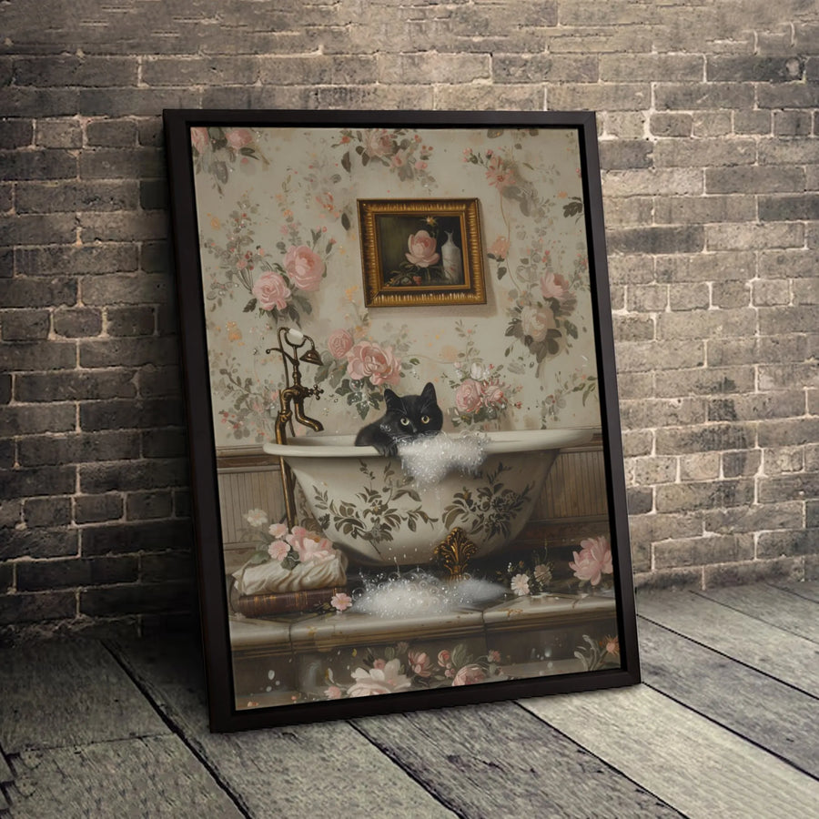 Black Cat Bubble Bath Canvas | Vintage Floral Bathroom Wall Art | Premium 1.25-Inch Gallery Wrap | Whimsical Animal Decor Gift for Cat Lovers