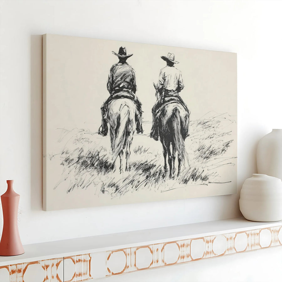 Two Cowboys On Horseback Canvas Print | Western Sketch Wall Art | Gallery Wrapped 1.25 Inch Premium Decor | Rustic Farmhouse Gift For Him
