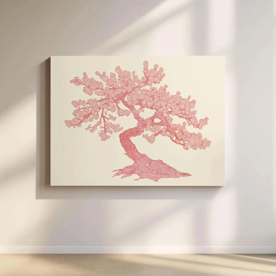 Pink Bonsai Tree Wall Art | Minimalist Line Drawing Print | Premium Gallery Wrapped Canvas | Zen Home Decor for Living Room