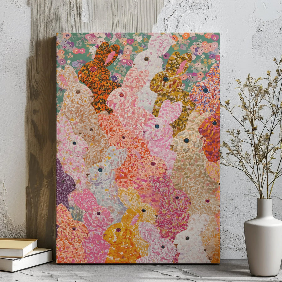 Colorful Rabbit Wall Art Canvas | Mosaic Pattern Bunny Decor | Premium Gallery Wrap Print | Whimsical Nursery or Home Decor Gift