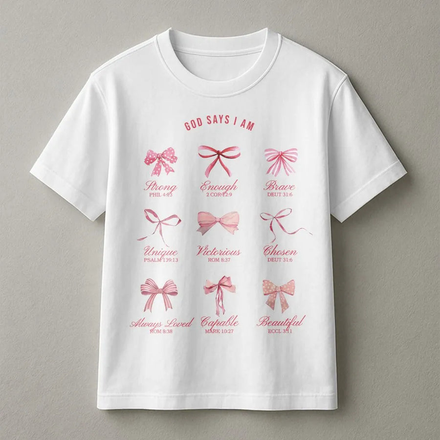 God Says I Am Bible Verse T-Shirt | Pink Bow Coquette Aesthetic Graphic | Premium Soft Cotton Tee | Inspirational Christian Gift for Women