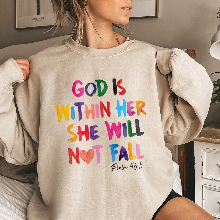 God Is Within Her She Will Not Fall Sweatshirt | Psalm 46:5 Bible Verse Graphic | Premium Cotton Blend | Christian Faith Gift For Women