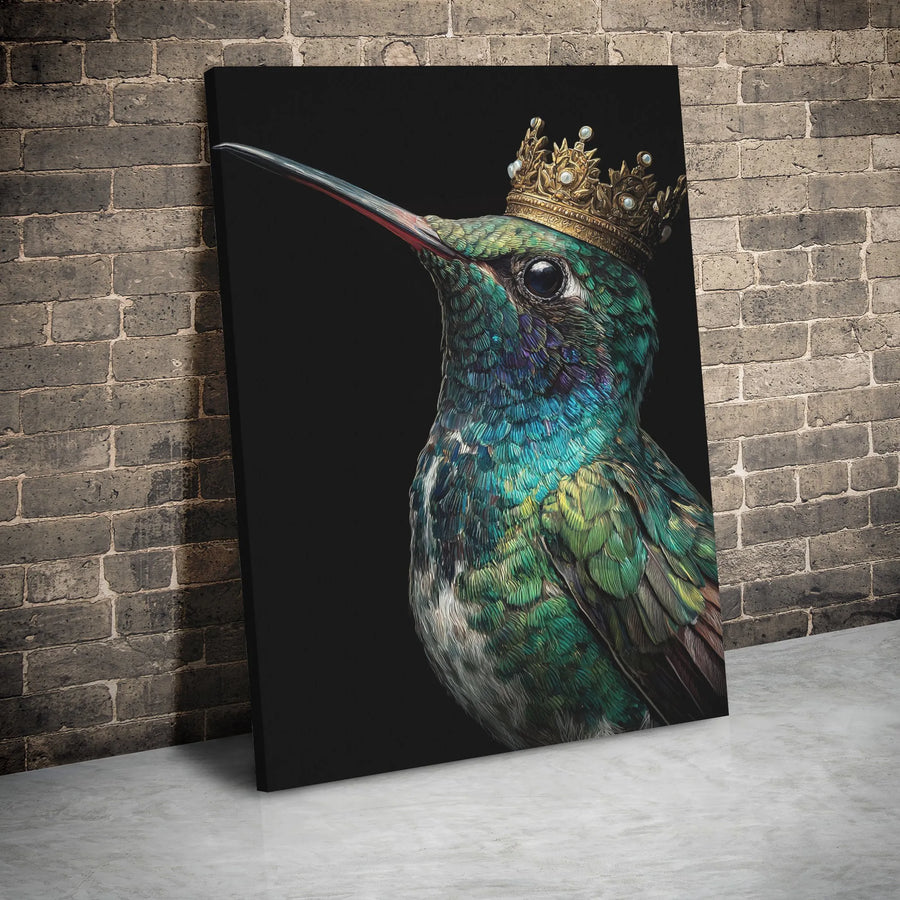 King Hummingbird Canvas Wall Art | Royal Bird With Gold Crown Portrait | Premium Gallery Wrap Print | Modern Decor For Nature Lovers