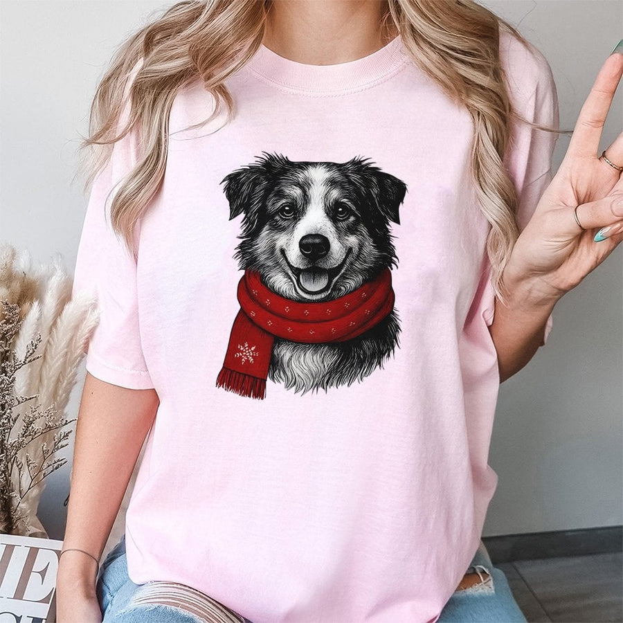 Christmas Dog T-Shirt | Cute Border Collie with Red Winter Scarf | 100% Cotton Premium Tee | Festive Gift for Dog Lovers