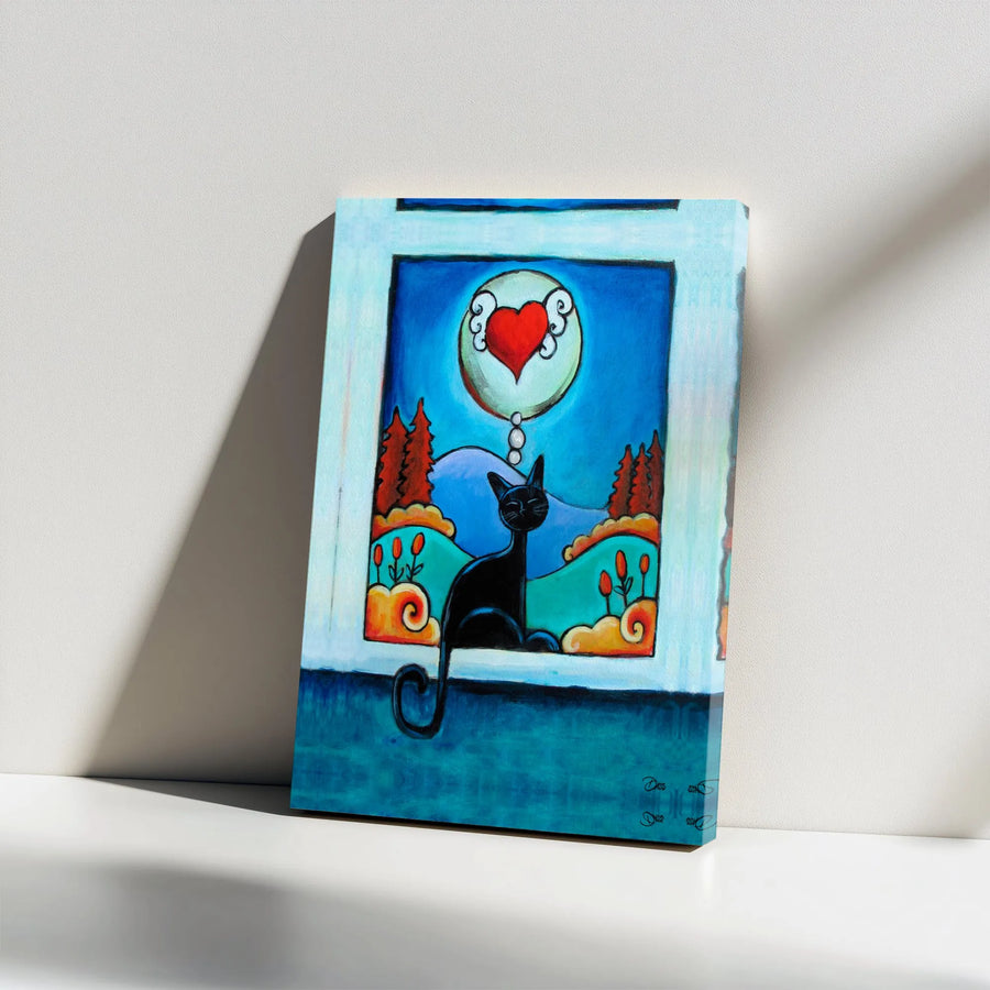 Black Cat Wall Art | Whimsical Winged Heart Window Canvas | Premium Gallery Wrap Decor | Gift for Cat Lovers & Pet Owners