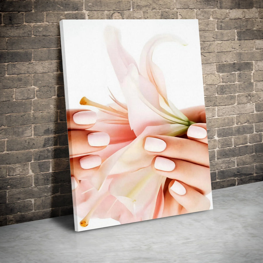 Pink Lily Flower Canvas Wall Art | Floral Hands Manicure Aesthetic | Premium Gallery-Wrap Decor | Elegant Bedroom & Salon Wall Decor